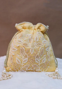 Hand Embroidered Art Silk Potli Bag in Beige