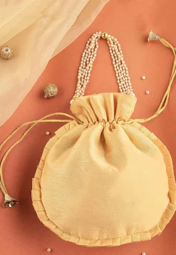 Hand Embroidered Art Silk Potli Bag in Beige