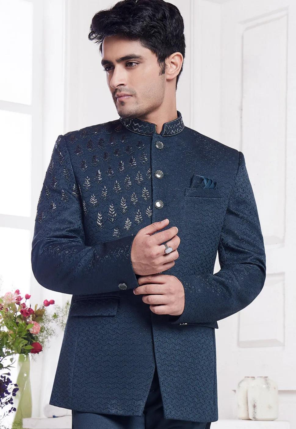 Hand Embroidered Art Silk Jacquard Jodhpuri Jacket in Teal Blue