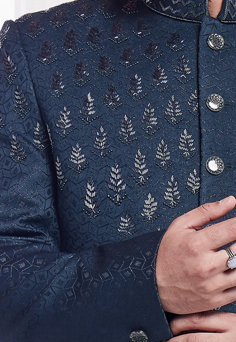Hand Embroidered Art Silk Jacquard Jodhpuri Jacket in Teal Blue