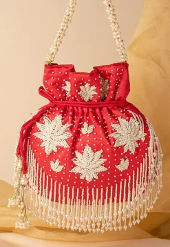 Hand Embroidered Art Silk Potli Bag in Red