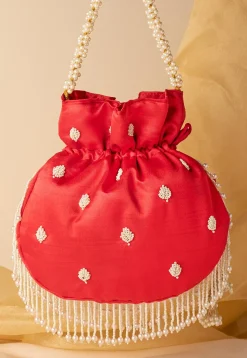 Hand Embroidered Art Silk Potli Bag in Red