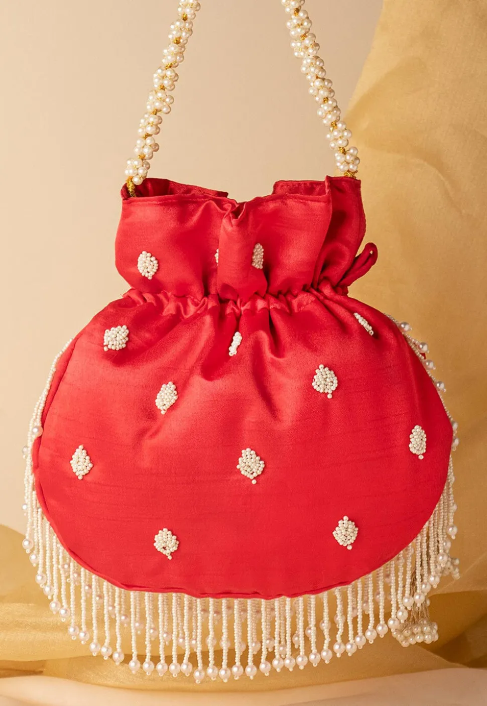 Hand Embroidered Art Silk Potli Bag in Red