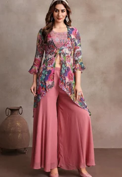 Hand Embroidered Art Silk Crop Top Set in Pink