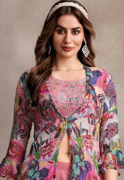 Hand Embroidered Art Silk Crop Top Set in Pink