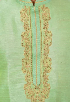 Hand Embroidered Art Silk Kurta in Pastel green