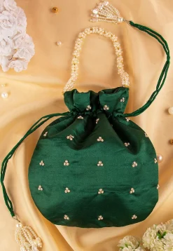 Hand Embroidered Art Silk Potli Bag in Dark Green