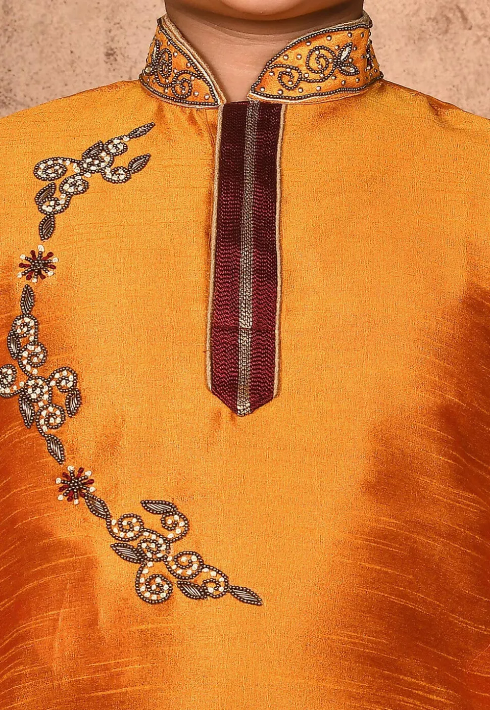 Hand Embroidered Art Silk Kurta in Mustard