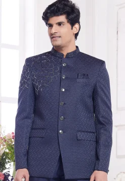 Hand Embroidered Art Silk Jacquard Jodhpuri Suit in Navy Blue