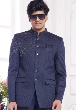Hand Embroidered Art Silk Jacquard Jodhpuri Suit in Navy Blue