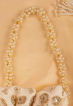 Hand Embroidered Art Silk Potli Bag in Beige