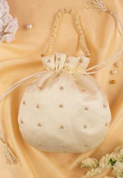 Hand Embroidered Art Silk Potli Bag in Beige