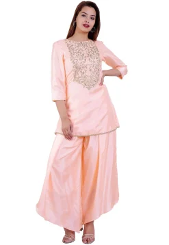 Hand Embroidered Art Silk A Line Kurti in Baby Pink
