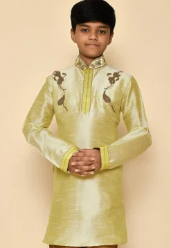 Hand Embroidered Art Silk Kurta Set in Pastel Green