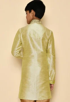 Hand Embroidered Art Silk Kurta Set in Pastel Green