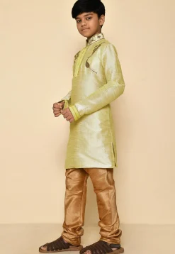 Hand Embroidered Art Silk Kurta Set in Pastel Green