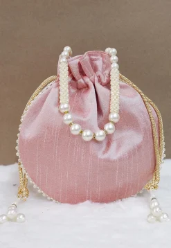 Hand Embroidered Art Silk Potli Bag in Light Peach