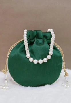 Hand Embroidered Art Silk Potli Bag in Dark Green