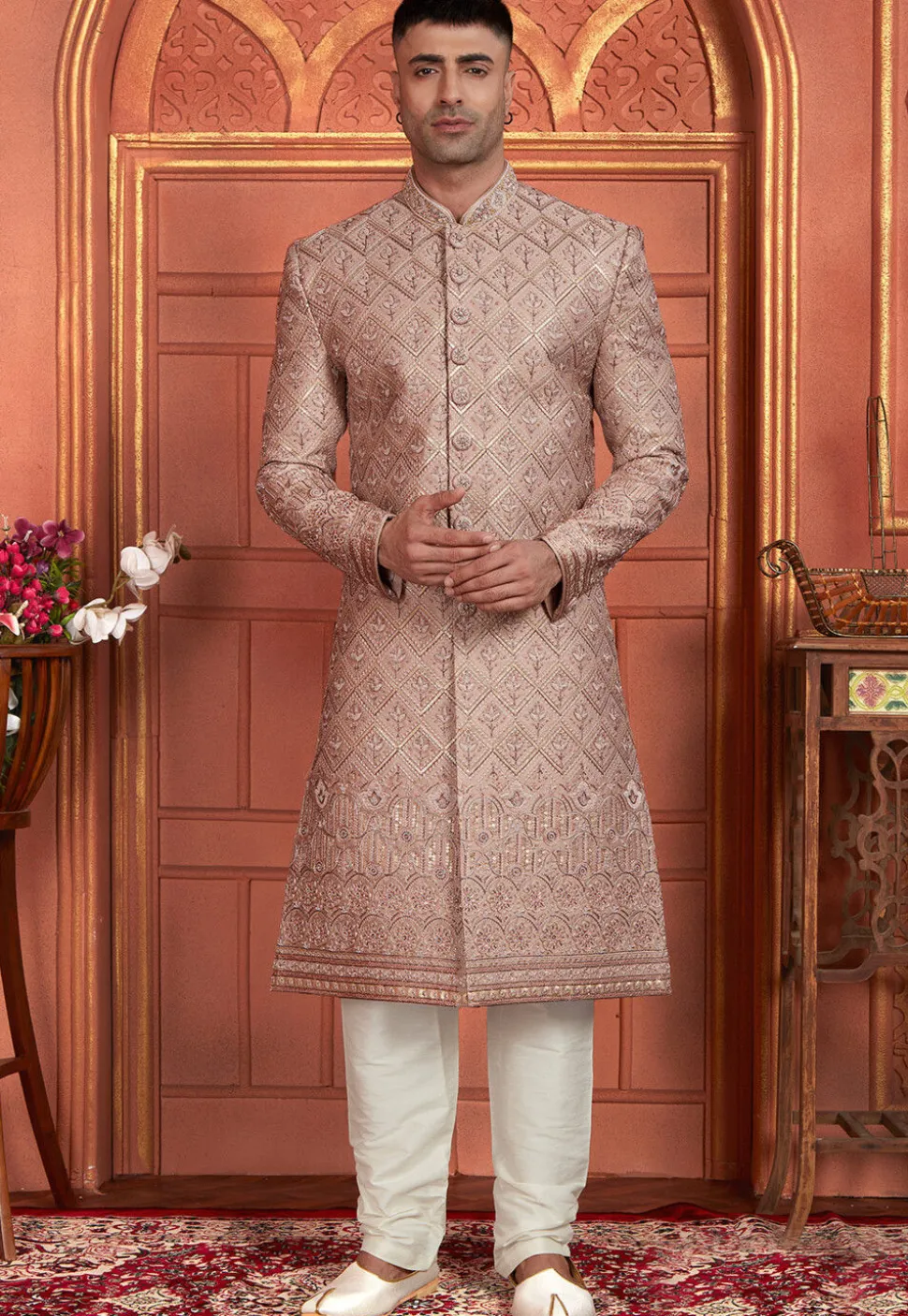 Hand Embroidered Art Silk Sherwani in Pink