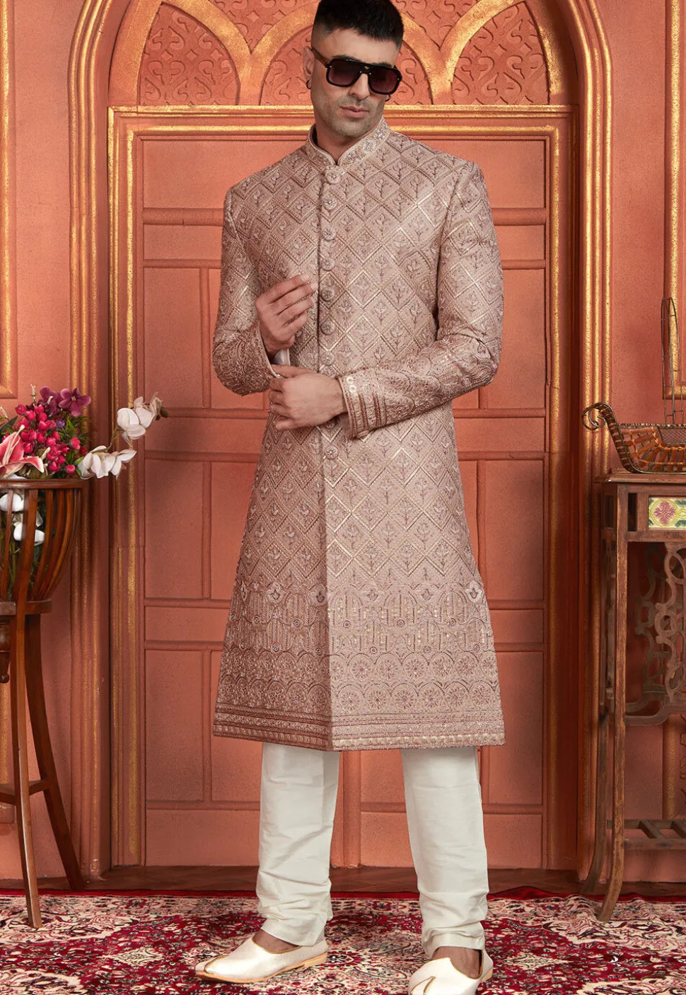Hand Embroidered Art Silk Sherwani in Pink