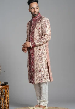 Hand Embroidered Art Silk Sherwani in Peach