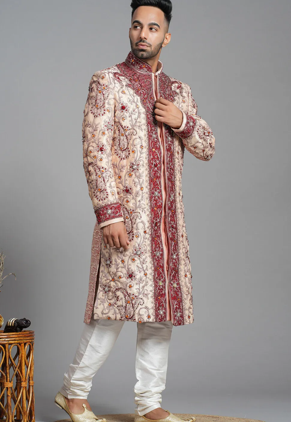 Hand Embroidered Art Silk Sherwani in Peach
