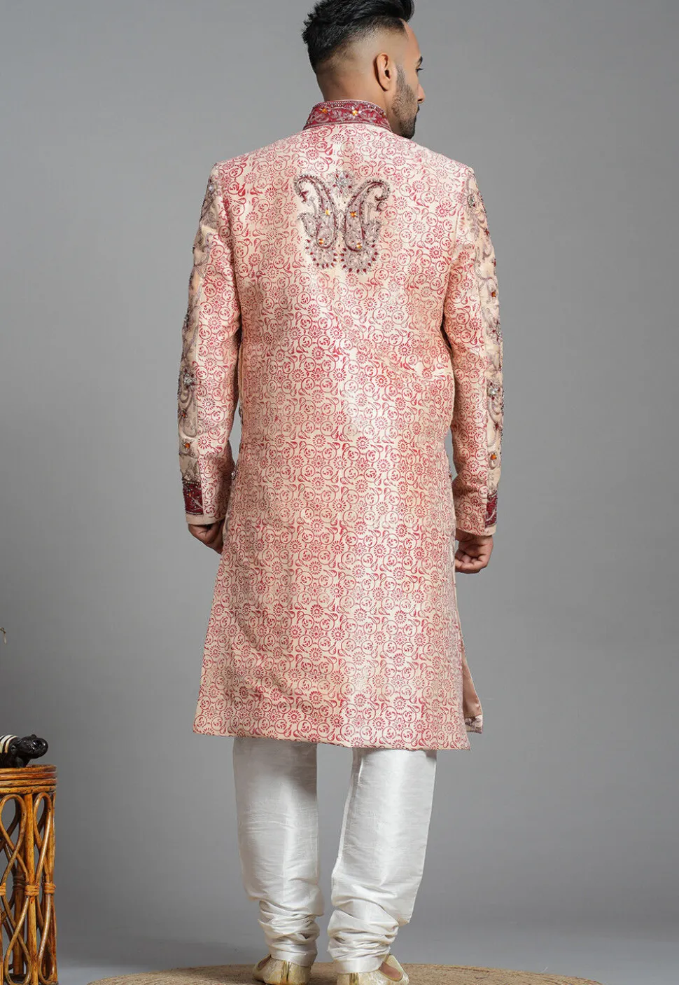 Hand Embroidered Art Silk Sherwani in Peach