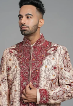 Hand Embroidered Art Silk Sherwani in Peach
