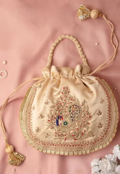 Hand Embroidered Art Silk Potli Bag in Beige
