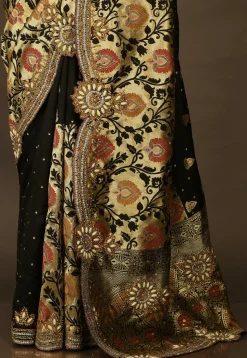 Hand Embroidered Art Silk Saree in Black and Beige