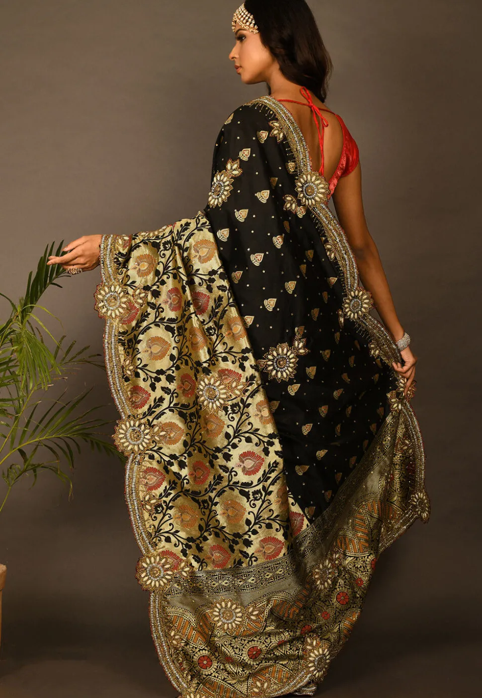 Hand Embroidered Art Silk Saree in Black and Beige