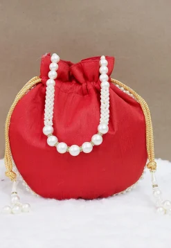Hand Embroidered Art Silk Potli Bag in Red
