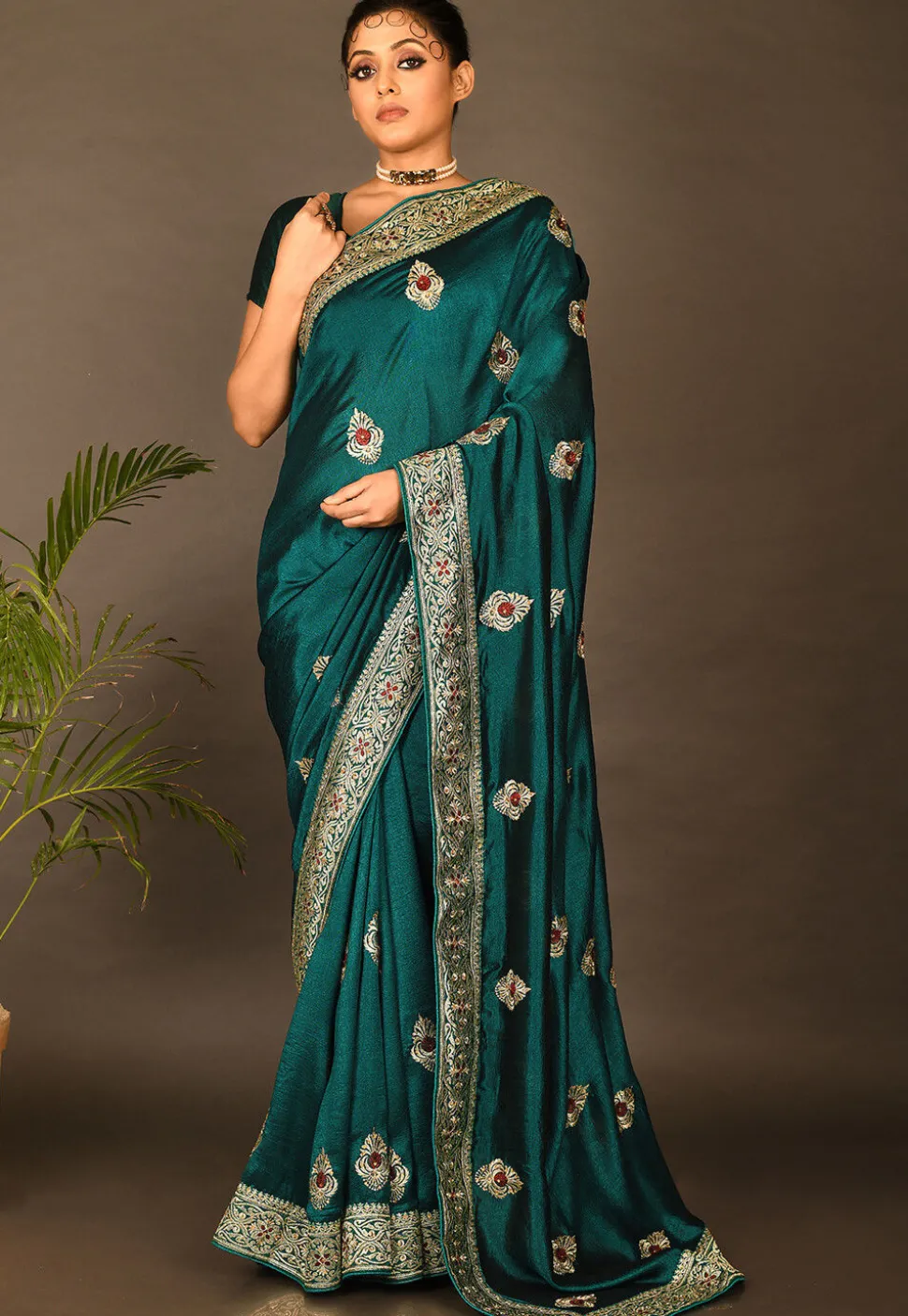 Hand Embroidered Art Silk Saree in Dark Teal Green