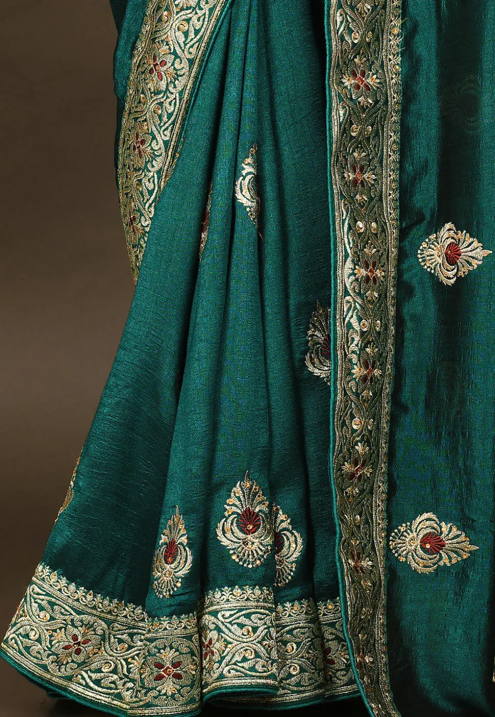 Hand Embroidered Art Silk Saree in Dark Teal Green