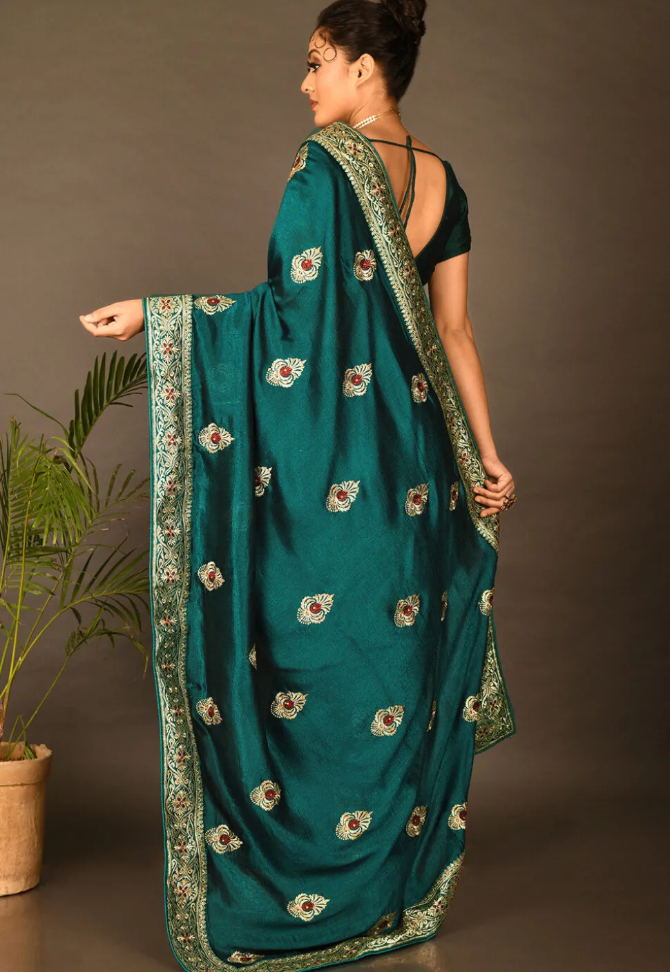 Hand Embroidered Art Silk Saree in Dark Teal Green