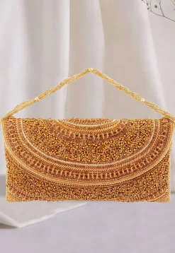 Hand Embroidered Art Silk Flap Clutch Bag in Golden