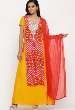 Hand Embroidered Art Silk Abaya Style Suit in Red and Mustard