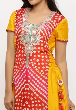 Hand Embroidered Art Silk Abaya Style Suit in Red and Mustard