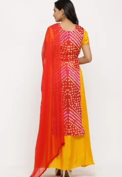 Hand Embroidered Art Silk Abaya Style Suit in Red and Mustard