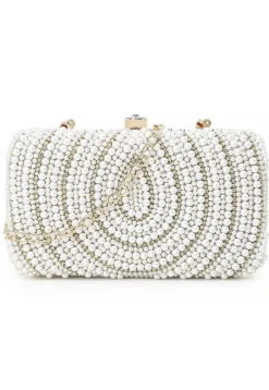 Hand Embroidered Art Silk Rectangular Clutch Bag in Off White