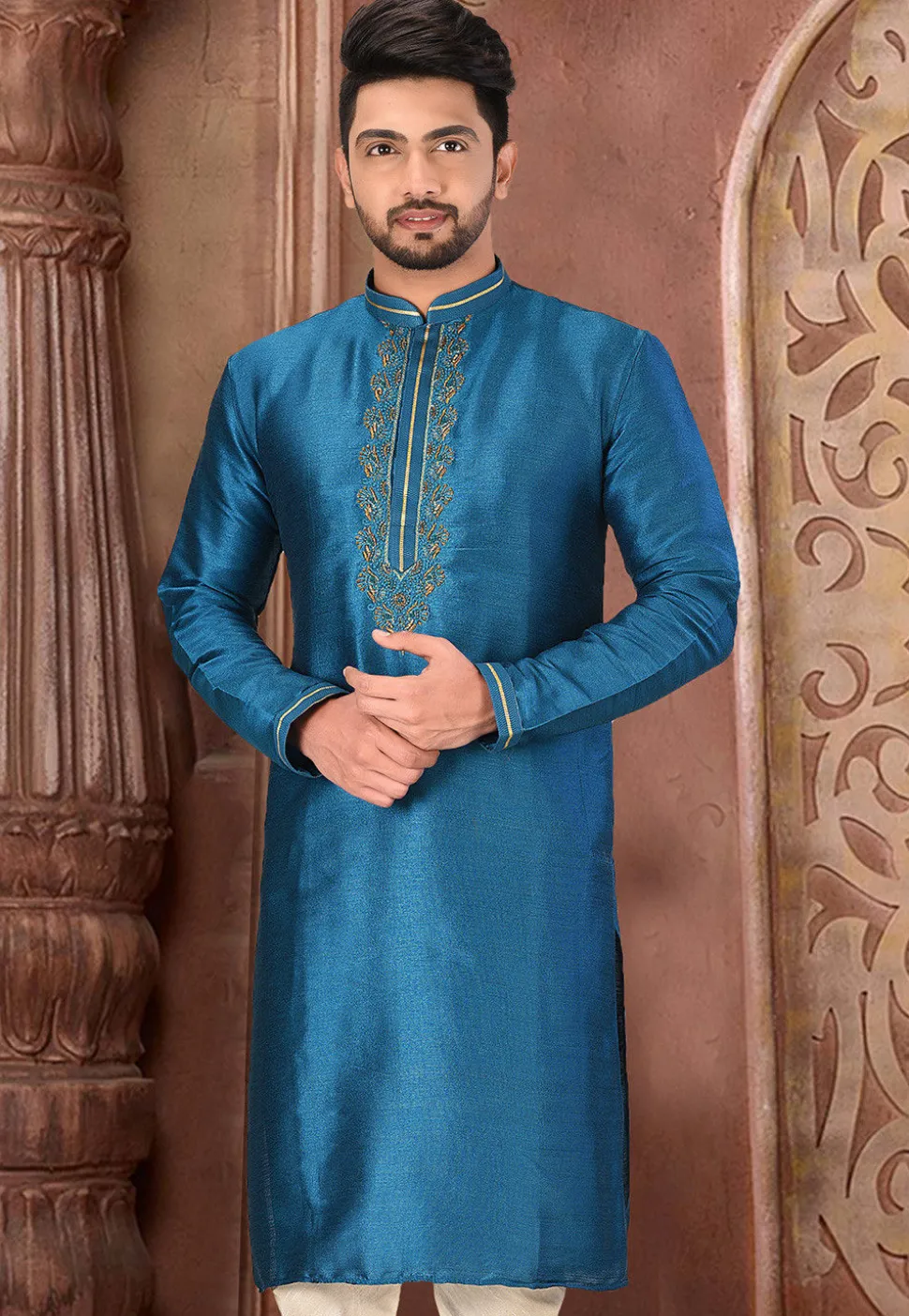 Hand Embroidered Art Silk Kurta in Blue