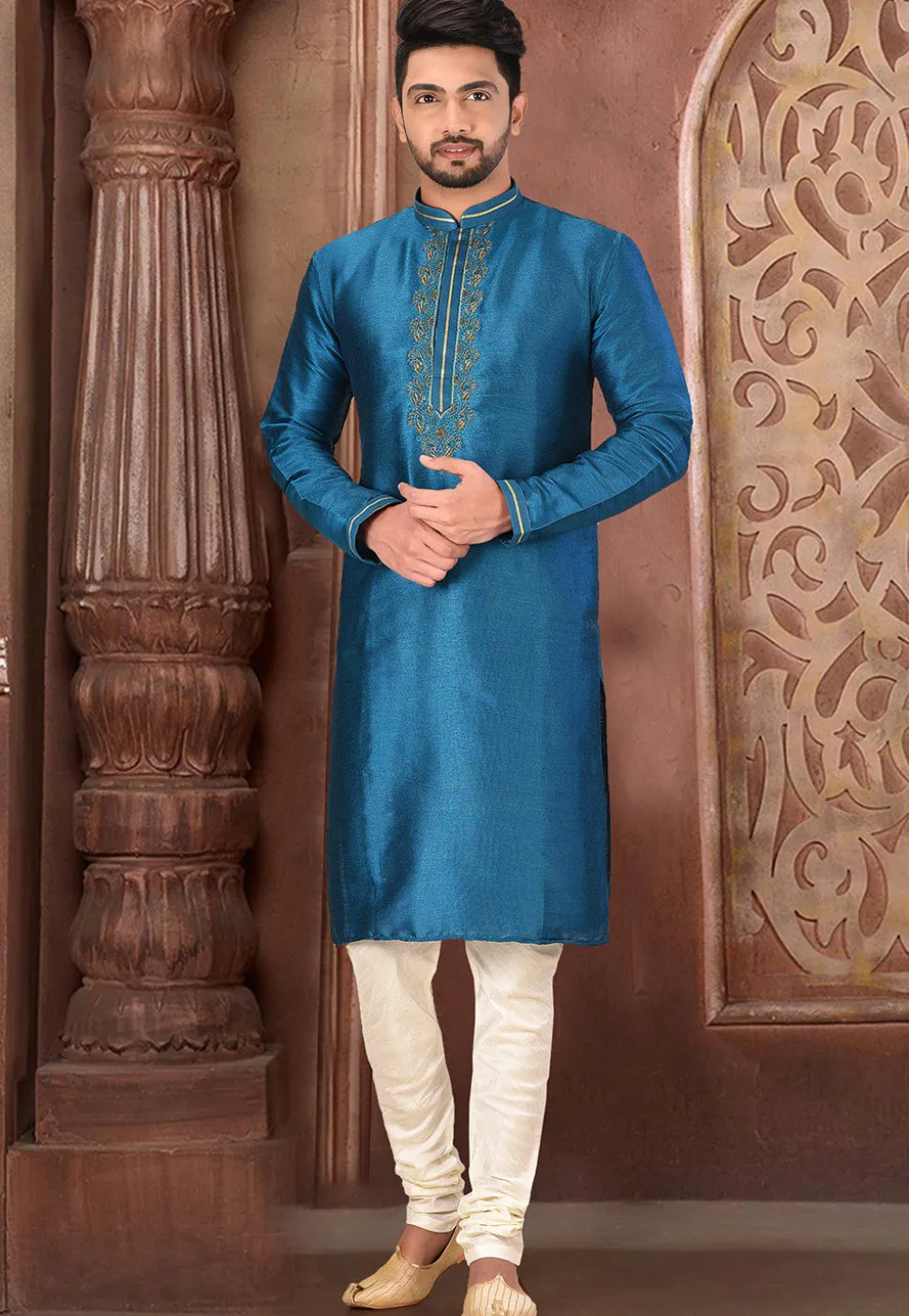 Hand Embroidered Art Silk Kurta in Blue