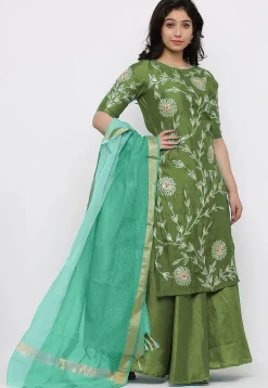 Hand Embroidered Art Silk Lehenga in Olive Green