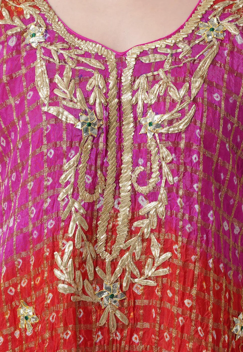Hand Embroidered Art Silk Ghatchola Bandhej Straight Suit in Fuchsia and Red