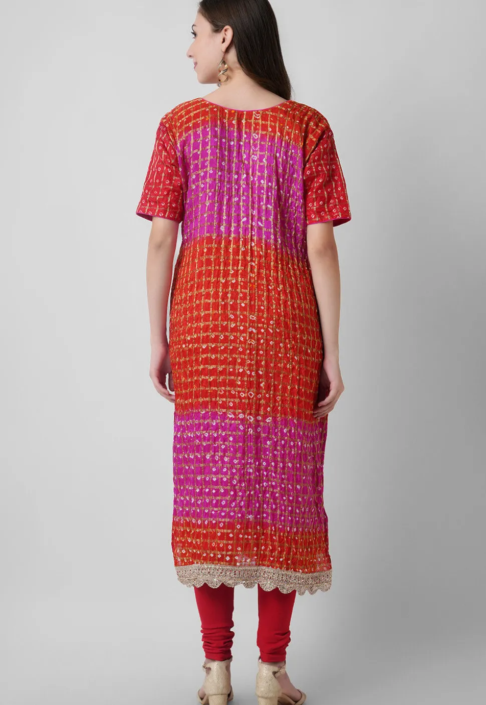 Hand Embroidered Art Silk Ghatchola Bandhej Straight Suit in Fuchsia and Red