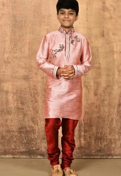 Hand Embroidered Art Silk Kurta Set in Peach