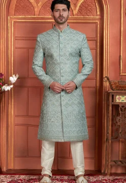 Hand Embroidered Art Silk Sherwani in Light Blue