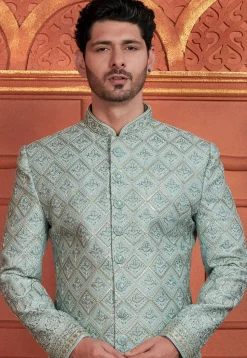 Hand Embroidered Art Silk Sherwani in Light Blue