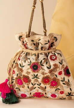 Hand Embroidered Art Silk Potli Bag in Beige
