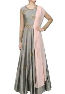 Hand Embroidered Art Silk Abaya Style Suit in Grey